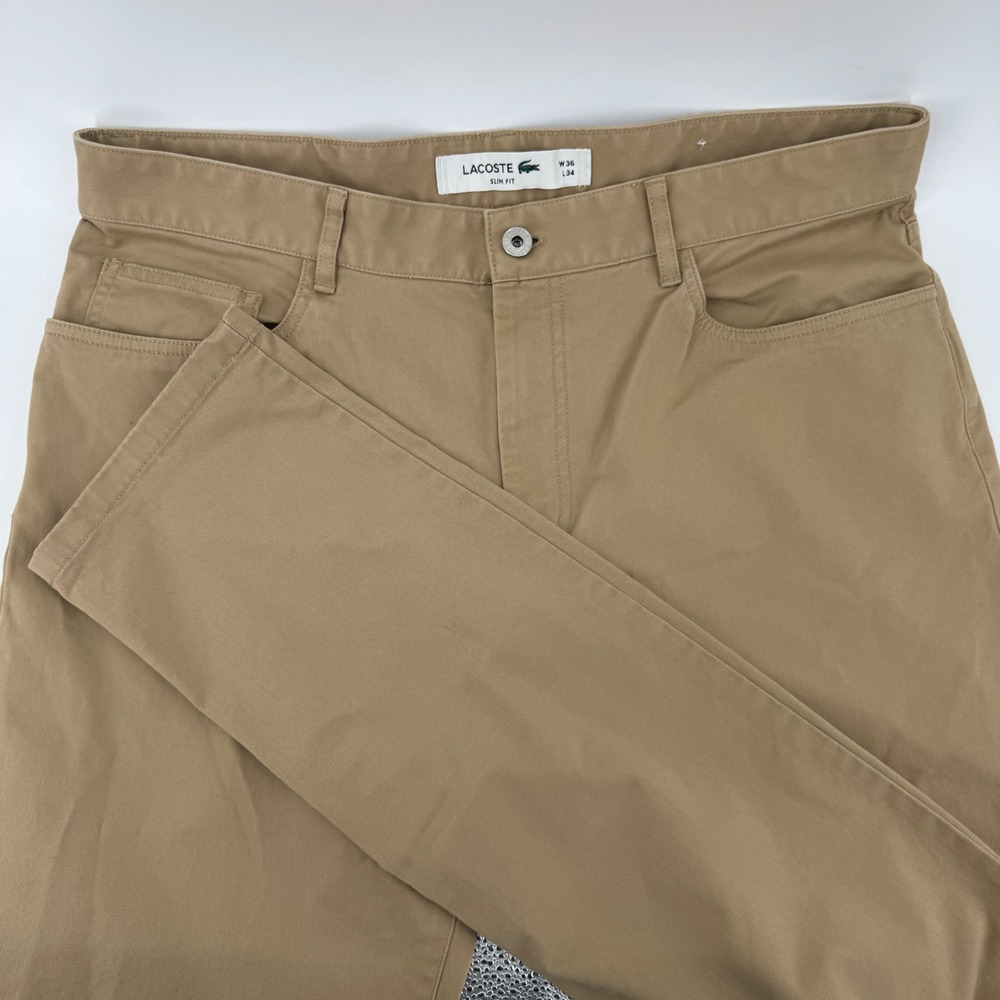 Lacoste Mens Slim Fit 5-Pocket Pants Tan Khaki Cotton Stretch W36 L34